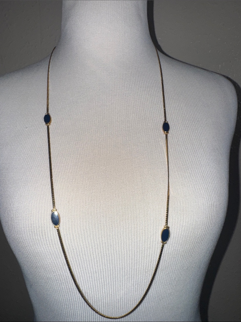 VTG Monet Signed 35” Gold Herringbone Navy Station Necklace Opera